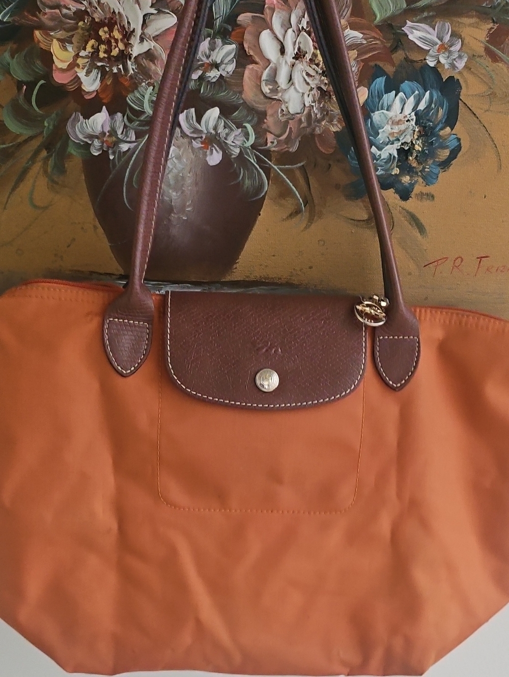 GUC Longchamp Orange Nylon Tote with Brown Leather Trim